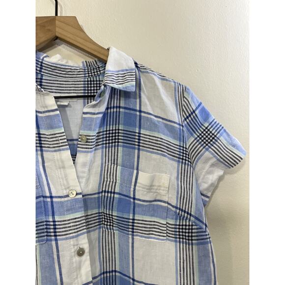 Linen Button Up Tunic Shirt Check Plaid Dress Coastal Cottage Resort Preppy - Picture 3 of 15
